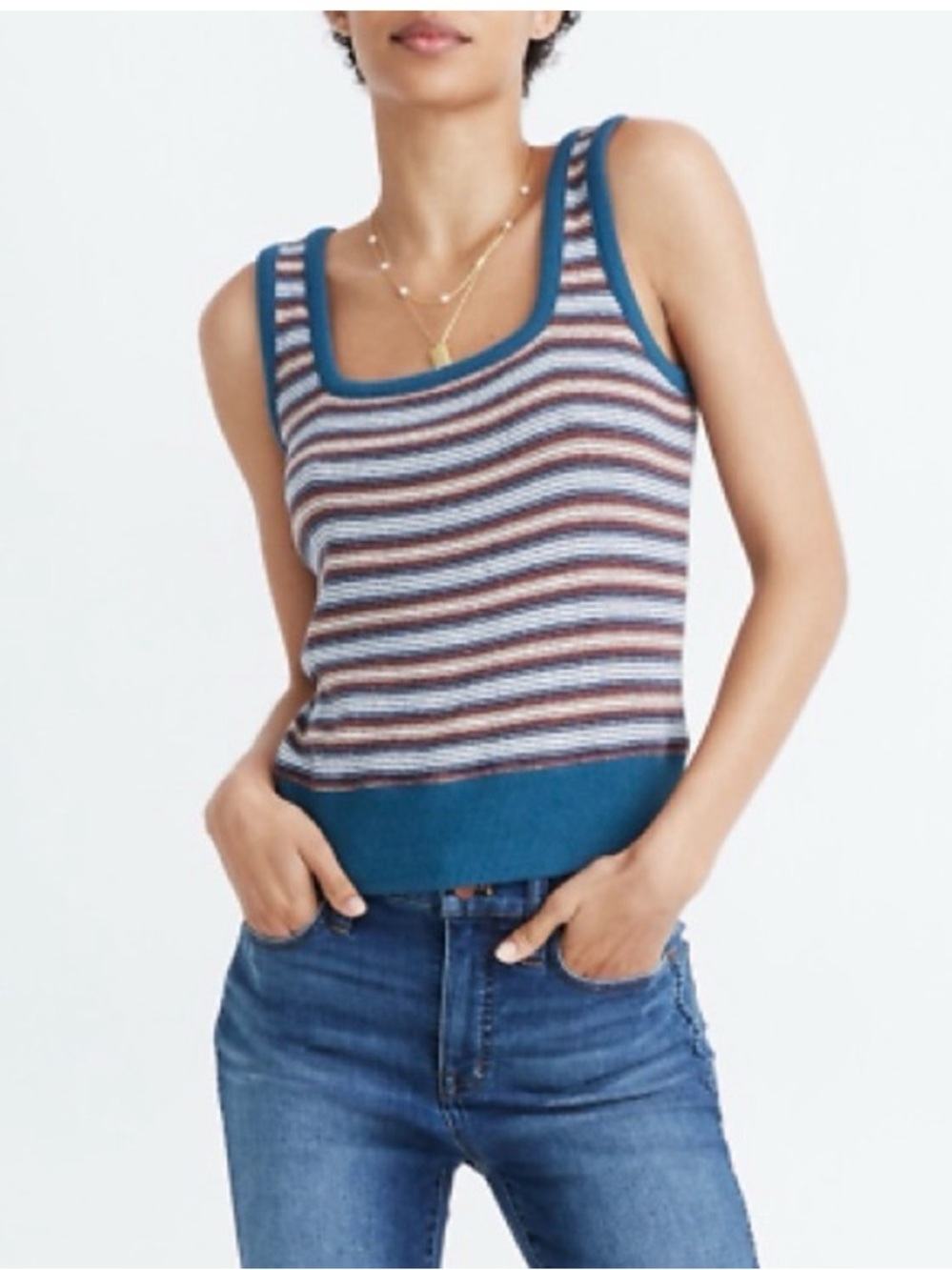 Madewell Ribbed Stripe Square Neck Tank in Multi Color Stripes Blue Brown 90’s